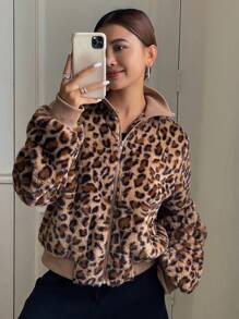 DAZY Veste régulière pour femmes doublée thermique imprimé léopard, imprimé guépard automne/hiver, doublée thermique - Tabac - Voir 2