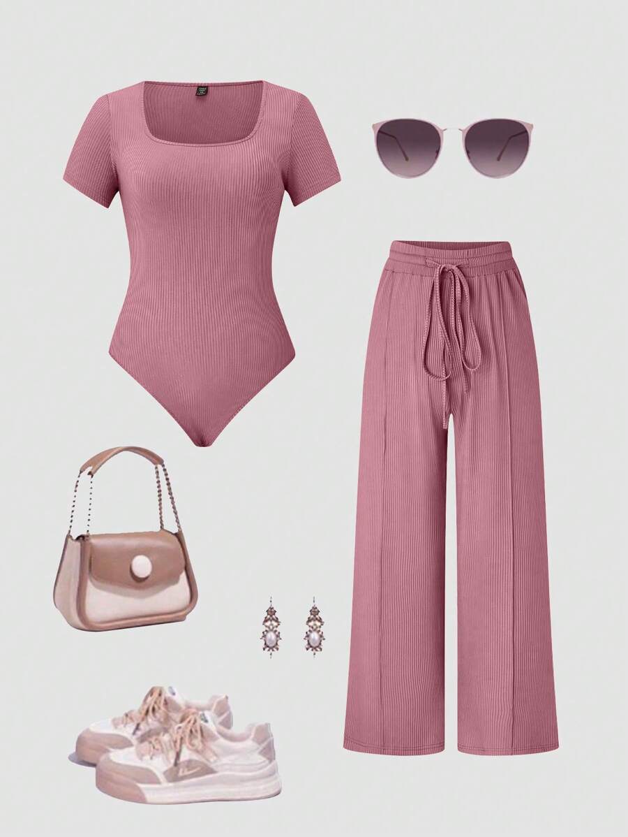 SHEIN Unity Plus Size Women Summer Solid Color Square Neck Short Sleeve Casual Bodysuit And Belted Pants Set - Pink - View 1