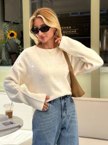 EURMUSE Woman Loose Fit Comfy Warm Rhinestones Detailed Sweater - Beige - View 5