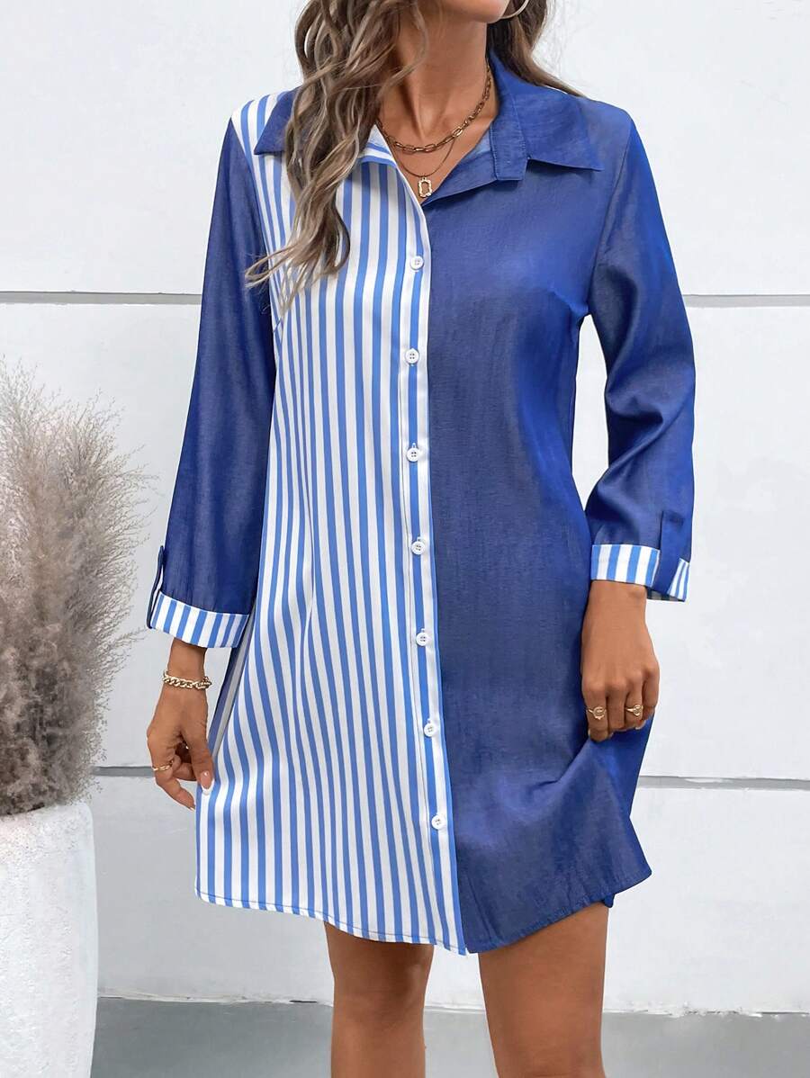 SHEIN LUNE 女士纯色条纹拼布印花长袖连衣裙