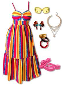 Slaydiva 度假优雅无袖镂空胸背镂空修身上衣宽松多层拼布彩色条纹图案连衣裙女春夏