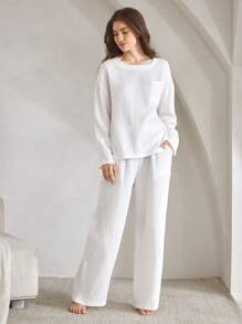 Ocili Leisure Women's Solid Color Drop Shoulder Long Sleeve Pocket Shirt And Pants Loungewear Set - White - View 7