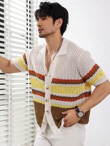 Manfinity Homme 男式前扣短袖条纹拼布休闲针织上衣 - 白色 - 查看 5