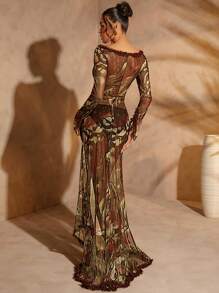 Hauture Vestido de manga larga con efecto transparente, corte hueco y estampado de mariposa, con cola, para mujer, sexy