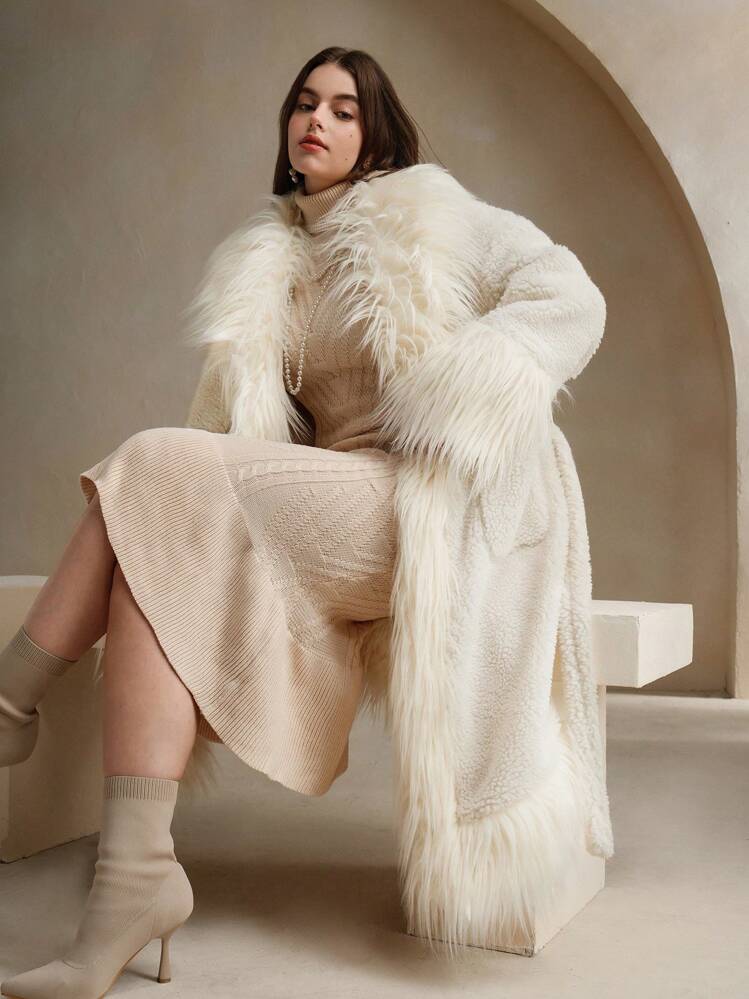 Anewsta Plus Size Fluffy Trim Fluffy Midi A-Line Waist Coat