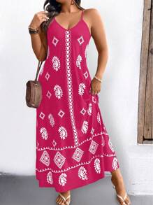 SHEIN LUNE 大码女式几何汉字印花宽松吊带长裙，夏季 - 玫紅色 - 查看 5