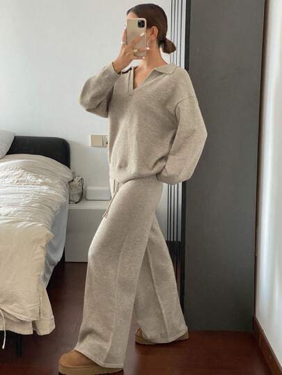 DAZY Bộ 2 món Áo len trễ vai màu trơn và quần len ống rộng cho nữ, trang phục thường ngày rộng rãi, quần áo mùa thu