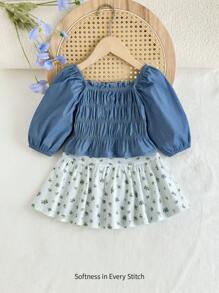 Cozy Pixies Young Girl Solid Color Square Neck Bubble Short Sleeve Top And Skirt Set - Blue - View 1