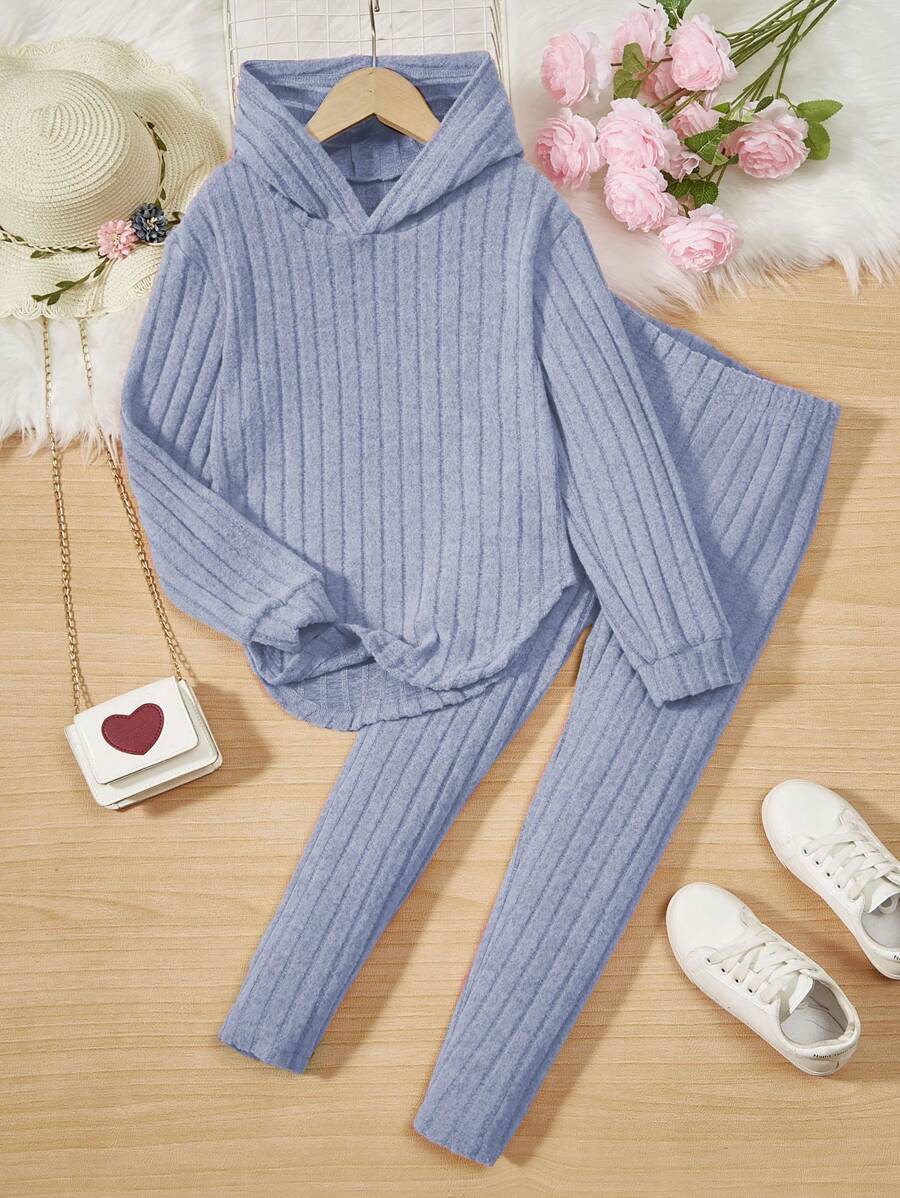 SHEIN 2 件套 Tween 女童罗纹连帽不对称下摆 T 恤和紧身裤套装