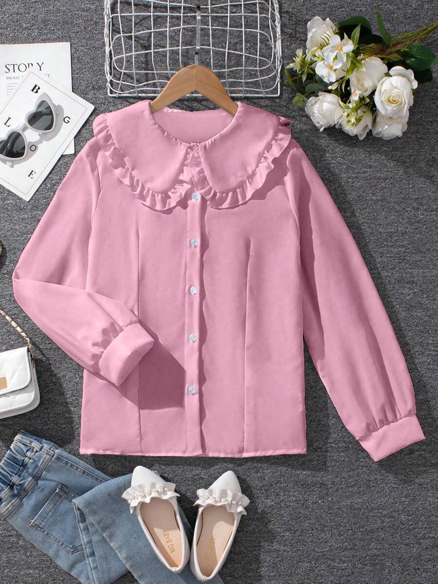 Teen Girls  Solid Color Ruffle Collar Long Sleeve Cute Blouse, Spring/Summer - Pink - View 1