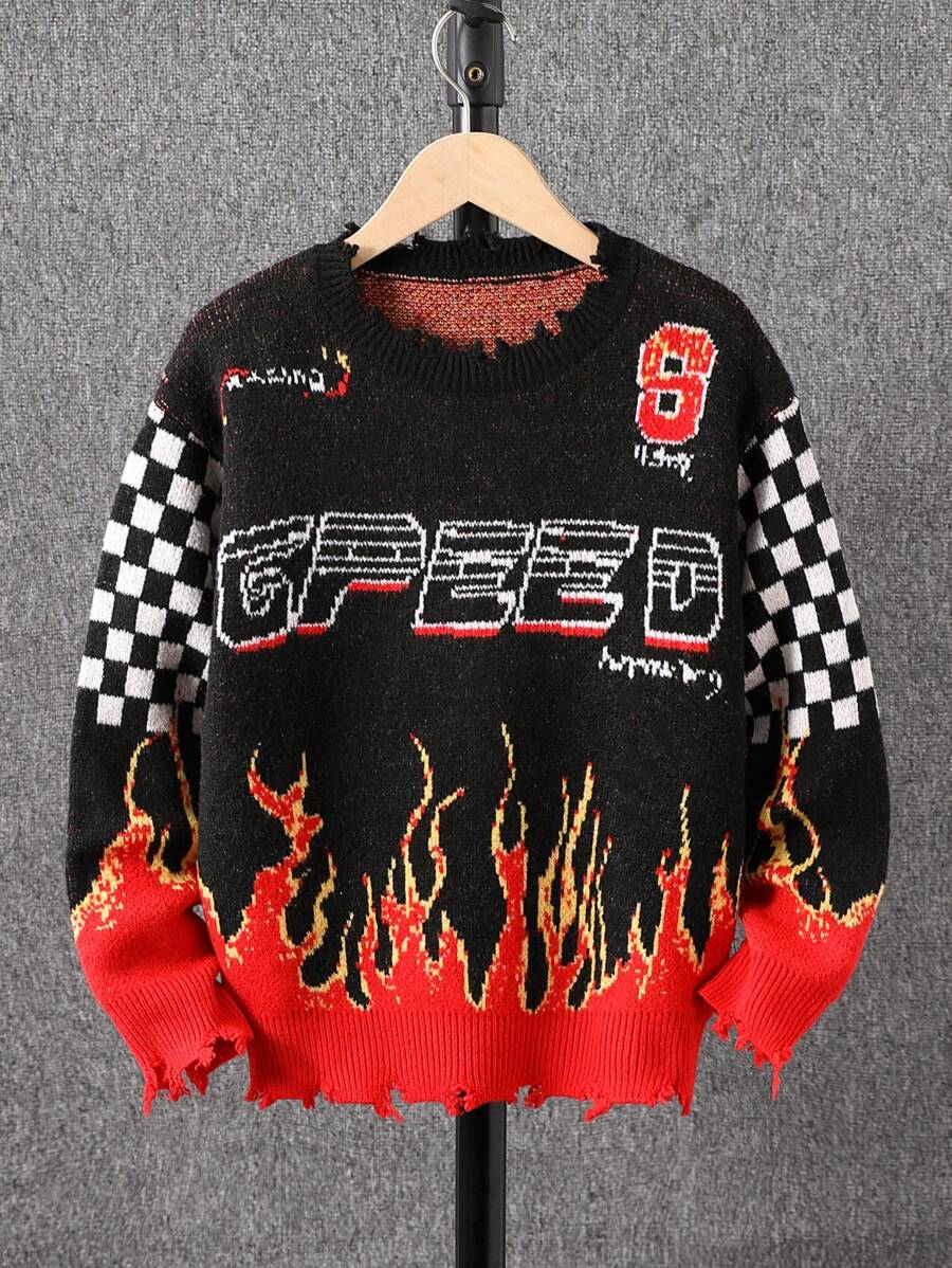 青少年男孩时尚破洞针织毛衣，配赛车格纹火焰印花圆领套头衫 - 黑色 - 查看 1