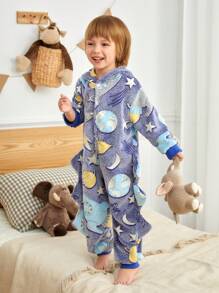 Young Boy Stylish Spaceship Graphic Hooded Warm Fleece Jumpsuit