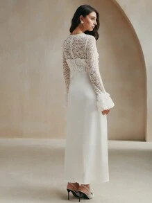 Anewsta Lady-Like Long Sleeve Dress With Lace Patchwork 3D Flower Detail, For Fall/Winter