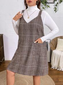 SHEIN LUNE Plus Size Women's Plaid Strap Dress, Autumn & Winter Business Casual Woman Work Dress Business Dress