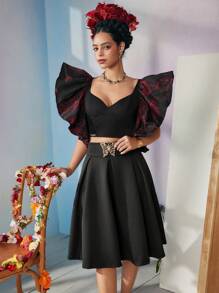 KATHARSIS Frida Kahlo X SHEIN X Designer Áo crop top hở nách in hình chim, Ngày lễ, Lễ tạ ơn, Mùa xuân & mùa hè, Đi chơi, Lễ hội - màu đen - Xem 5