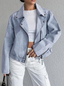 EURMUSE Women's Motorcycle Style Denim Jacket - Blue - View 5