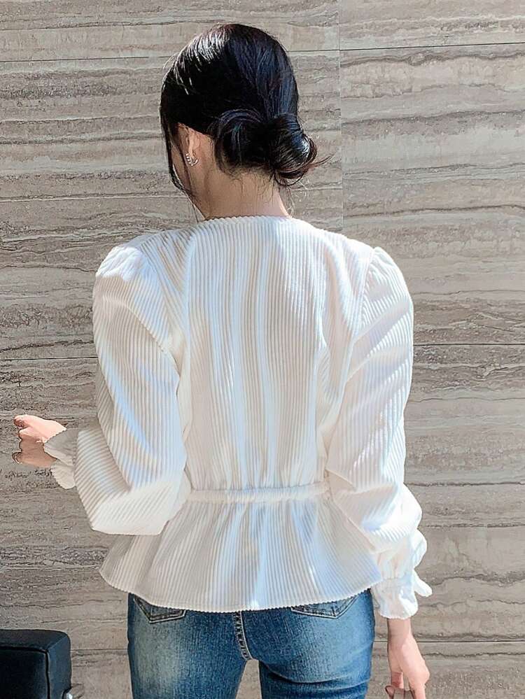 1pc Women's Solid Color Corduroy V-Neck Long Sleeve Drawstring Blouse,Ruffle,Fall Clothes