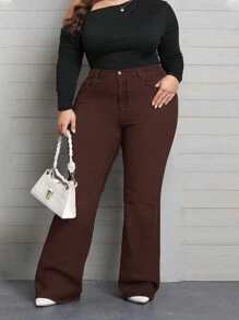 SHEIN CURVE+ 大码纯色弹力喇叭牛仔裤 - 酒紅色 - 查看 5