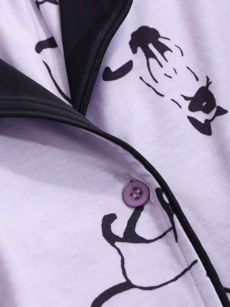 Women's Cat Print Color Block Long Sleeve Pajama Set