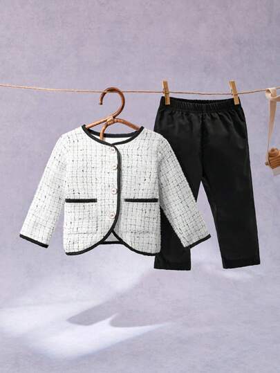 SHEIN 2 件套男婴休闲复古优雅粗花呢面料长袖外套和裤子套装，适合秋冬季外出、婚礼、正式活动、派对和学校