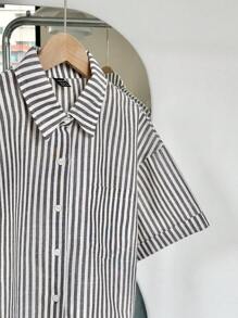 SHEIN Unity 女士休闲条纹卷袖宽松短款衬衫女士衬衫 - 棕色 - 查看 6