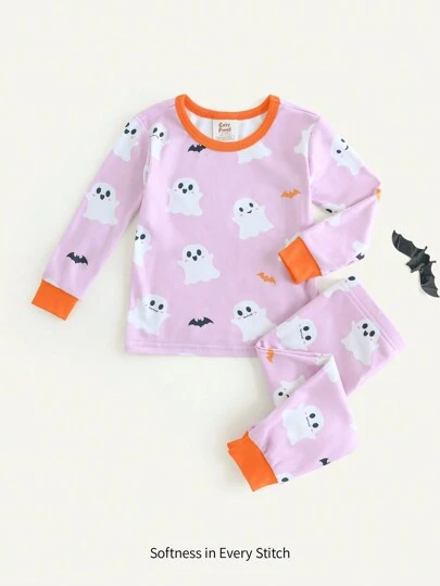 Cozy Pixies 2 件装女婴万圣节南瓜蜘蛛猫幽灵图案印花柔软拼色长袖上衣和裤子睡衣套装