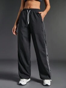 SHEIN 女士抽绳侧条纹休闲运动运动裤 - 黑色 - 查看 5