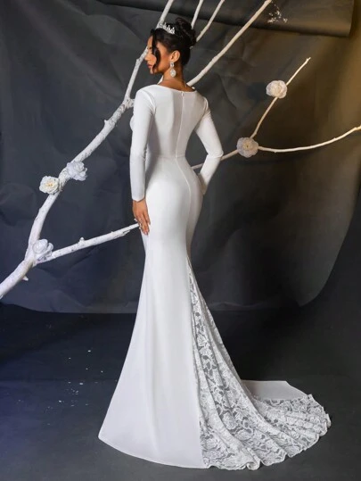 Glamrae Elegant, Gorgeous, Luxurious And Romantic White Long-Sleeved Stretch Knitted Pleated Mermaid Tail Spliced ​​Lace Large Tail Suitable For Wedding Events, Engagement Parties, Honeymoon Vacation Prom Wedding Dresses, Bridal Dress,Bride, For Valentine's Day