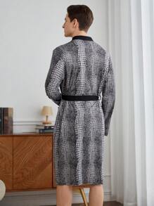 男士纯色拼接长袖抽绳长袍，休闲居家