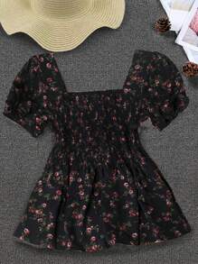 Franclia 女士方领短袖花卉印花衬衫荷叶边上衣 - 黑色 - 查看 2