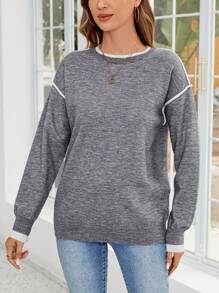 EMERY ROSE Women's Solid Color Patchwork Minimalist Long Sleeve Crew Neck Sweater, Casual Daily Wear
