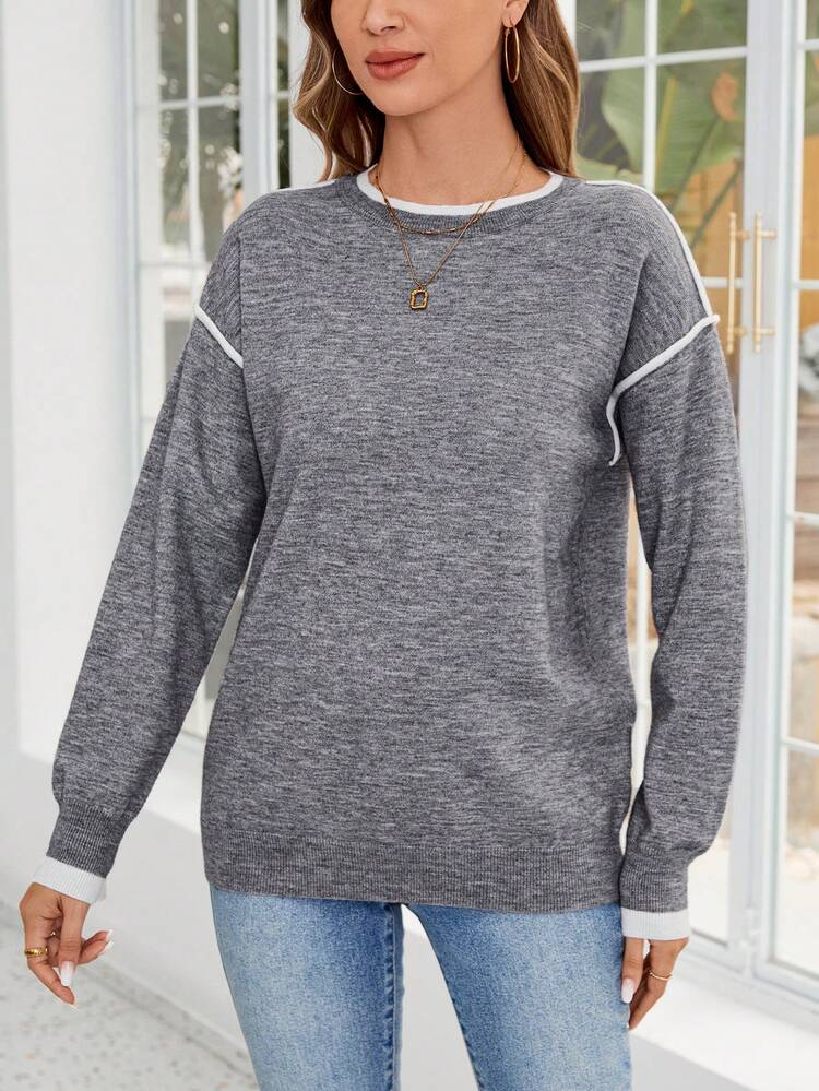 Women's Solid Color Patchwork Minimalist Long Sleeve Crew Neck Sweater, Casual Daily Wear