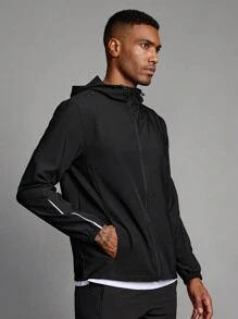 Manfinity Running 男友风格男士纯色长袖拉链连帽运动夹克，4 季 - 黑色 - 查看 6