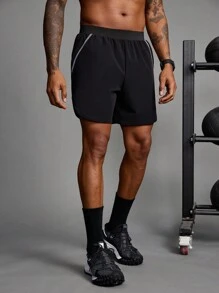 Manfinity Sport Corelite 男友风男士纯色拼接印花休闲运动短裤健身服运动裤黑色短裤 - 黑色 - 查看 4