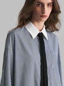 Ontre 蓝色条纹拼布超大长款休闲工作衬衫宽松衬衫 - 彩色 - 查看 8