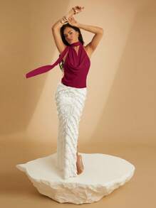 Hauture 夸张腰带围脖领雪纺上衣 - 酒紅色 - 查看 4