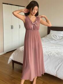 DAZY Váy ngủ lưới ren tương phản gợi cảm cho nữ có nơ trang trí - Bụi hồng - Xem 7