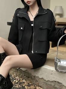 Dazy-Less 翻盖口袋落肩抽绳下摆夹克，复古风格，秋季服装 - 黑色 - 查看 6