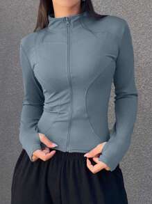 DAZY Women's Solid-Color Front Zip Long Sleeve Simple Jacket, Casual Everyday Wear,Fall Women Clothes - Dusty Blue - View 3