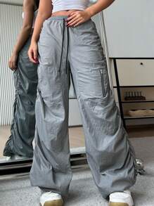 SHEIN EZwear Women's Casual Solid Color Loose Fit Wide Leg Low Waist Trousers - Grey - View 5