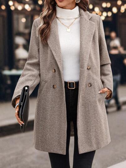 Solivie Abrigo corto de lana de mujer con botones en la solapa, manga larga, de negocios elegante, con espiga y bolsillos, para invierno