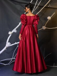 Glamrae 勃艮第红色优雅缎面勃艮第红色羊腿袖网眼甜心领骨高腰喇叭形长礼服，侧高开衩，长袖舞会晚礼服，适合婚礼嘉宾、毕业典礼、晚宴 - 酒紅色 - 查看 2