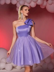 SHEIN Belle Elegant Luxurious Purple Cute Asymmetrical Neck Big Bow High Waist Homecoming Dress, Suitable For Wedding, Graduation, Vacation, Party, Prom Dress, Semi Formal Dress, For Birthday, Wedding Guest
