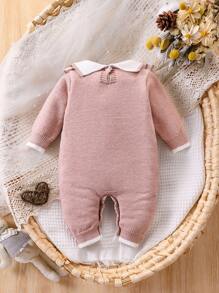 Baby Girls Turtleneck Knit Sweater Long Sleeve Jumpsuit, Comfortable & Warm For Autumn/Winter, Available In Camel, Pink, Earth Tones, Stylish & Versatile, With Cute Bow Accent, Suitable For Casual Wear, Home, Outings, Travel - Pink - View 2
