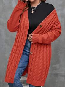 SHEIN LUNE 大码正面纽扣休闲宽松秋季开衫毛衣，长袖 - 橘色 - 查看 2