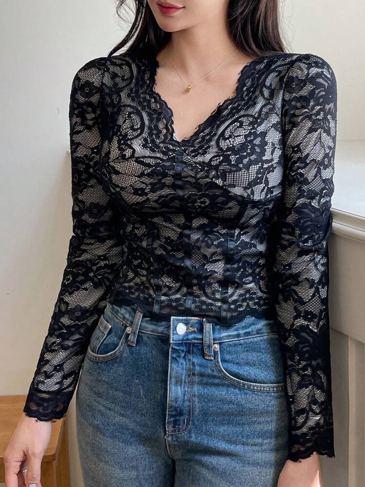 Women's V-Neck Long Sleeve Fashionable Fitted Charming Graceful Lace Blouse Sheer,Fall Women Clothes