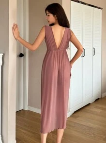 DAZY Váy ngủ lưới ren tương phản gợi cảm cho nữ có nơ trang trí - Bụi hồng - Xem 2