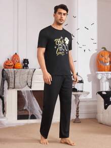 Halloween Ghost Letter Print Men's Pajama Set - Black - View 6