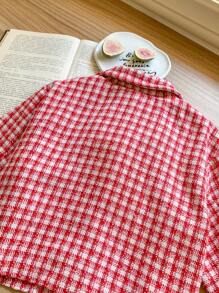 Blossori 2pcs/Set Young Girls French Elegant Red & White Plaid Woven Jacket And Skirt Suit Set, Autumn Winter - Pink - View 7