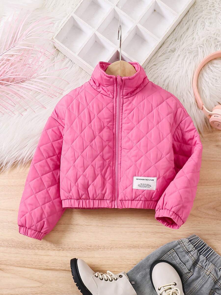 SHEIN 年轻女孩字母贴花绗缝领弹性下摆夹克，冬季 - 粉色 - 查看 1